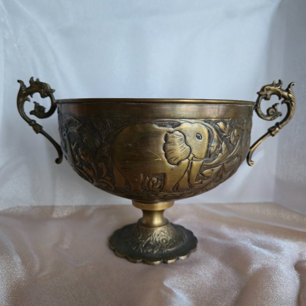 Vintage Hammered Brass Footed Jardiniere with elephants